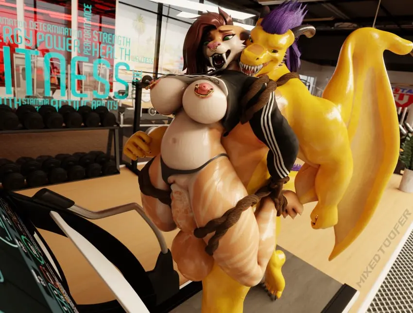 Image breasts,female,hi_res,male,ass,duo,gym,teeth,anthro,mythology,absurd_res,public,mammal,fangs,bouncing_breasts,scalie,hybrid,mythological_creature,dragon,mythological_scalie,felid,huge_filesize,bound,pantherine,sabertooth_(anatomy),hands_tied,arms_tied,legs_tied,treadmill,mixedtoofer,saber-toothed_tiger,toofer,bouncing_butt,bound_together,cocksleeve_insertion,drax