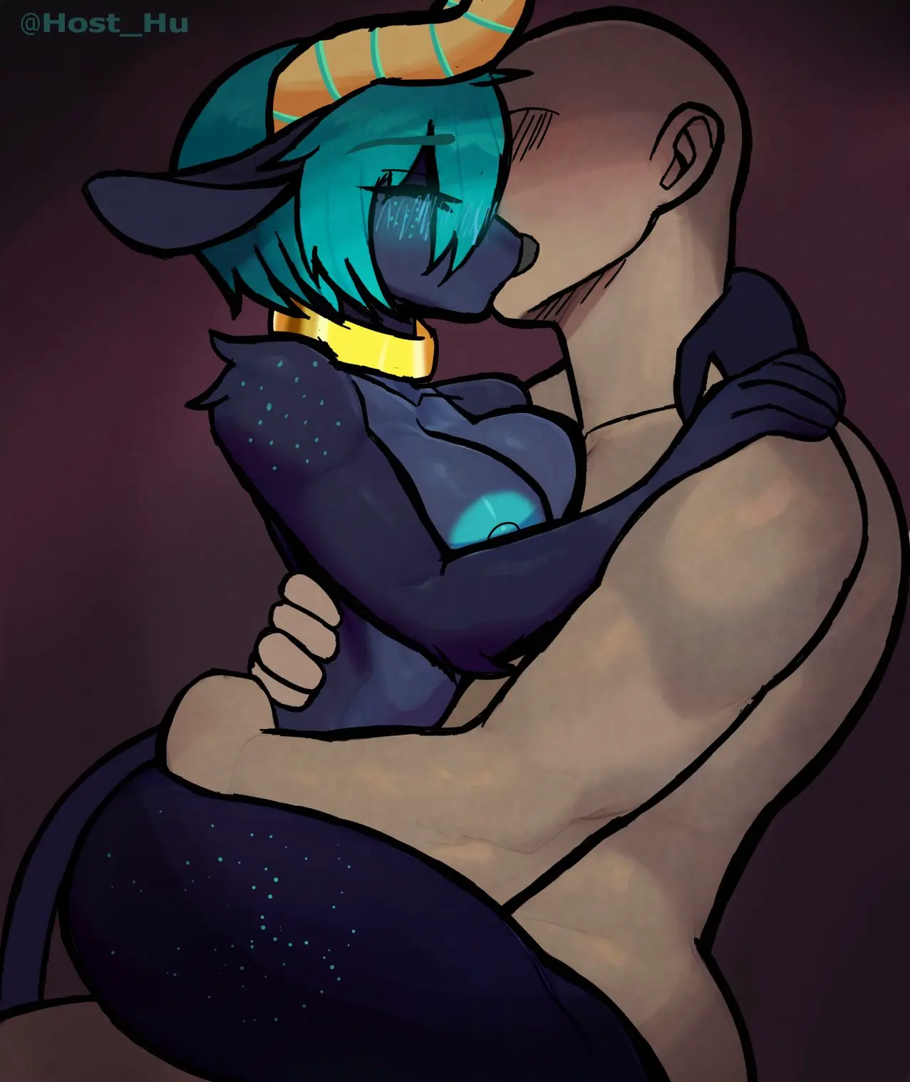 Image big_breasts,blush,breasts,female,hi_res,human,nipples,blue_hair,male,sex,duo,freckles,jewelry,hair,male/female,anthro,necklace,closed_eyes,fur,mammal,black_body,blue_nipples,horn,interspecies,kissing,female_on_human,from_front_position,human_on_anthro,male_on_anthro,bovid,bovine,black_fur,mastery_position,intimate,host_hu