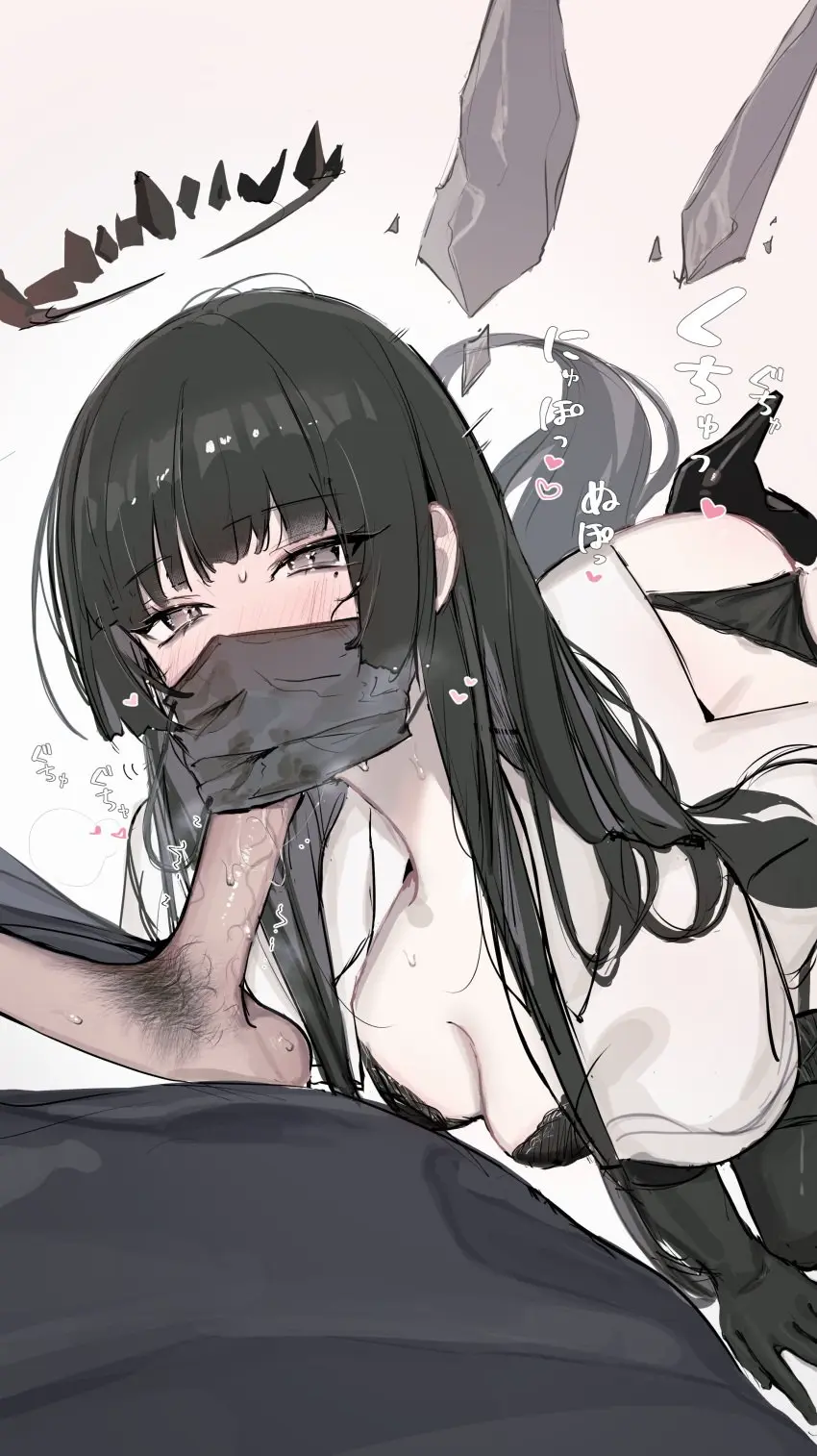 Image blush,breasts,female,highres,long_hair,looking_at_viewer,open_clothes,very_long_hair,white_background,1boy,absurdres,black_gloves,black_hair,blunt_bangs,gloves,male,oral,penis,sidelocks,straight,sweat,bra,panties,underwear,ass,small_breasts,erection,fellatio,kneeling,arknights,eyelashes,solo_focus,balls,wings,gradient_background,from_above,halo,testicles,half-closed_eyes,mole,pale_skin,pubic_hair,black_panties,mole_under_eye,grey_eyes,male_pubic_hair,high_heels,nose_blush,short_sleeves,ear_blush,from_side,jacket,straight_hair,motion_lines,heart,sound_effects,arm_support,full_body,antenna_hair,open_jacket,hime_cut,mask,black_footwear,commentary,foreshortening,mouth_mask,bat_wings,looking_up,wide_sleeves,black_bra,facemask,looking_to_the_side,twitching_penis,face_mask,black_halo,white_jacket,covered_mouth,fellatio_under_mask,surgical_mask,virtuosa_(arknights),detached_wings,broken_halo,dark_halo,energy_wings,grey_wings,hair_flowing_over,male_doctor_(arknights),neko_no_youchuu,short-sleeved_jacket