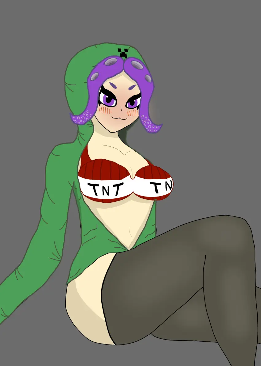 Image blush,white_skin,twitch,purple_eyes,purple_hair,minecraft,splatoon,tentacle_hair,green_clothing,long_socks,twitch_streamer,kimmoka,tnt_bra