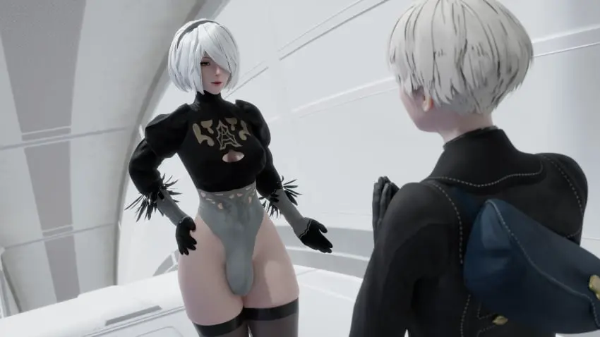 Image breasts,clothed,clothing,light_skin,white_hair,1boy,male,penis,short_hair,thighhighs,1futa,futanari,intersex,light-skinned_futa,light-skinned_male,3d,bulge,futa_with_male,nier:_automata,yorha_2b,penis_under_clothes,nier,yorha_9s,cr3epsfm