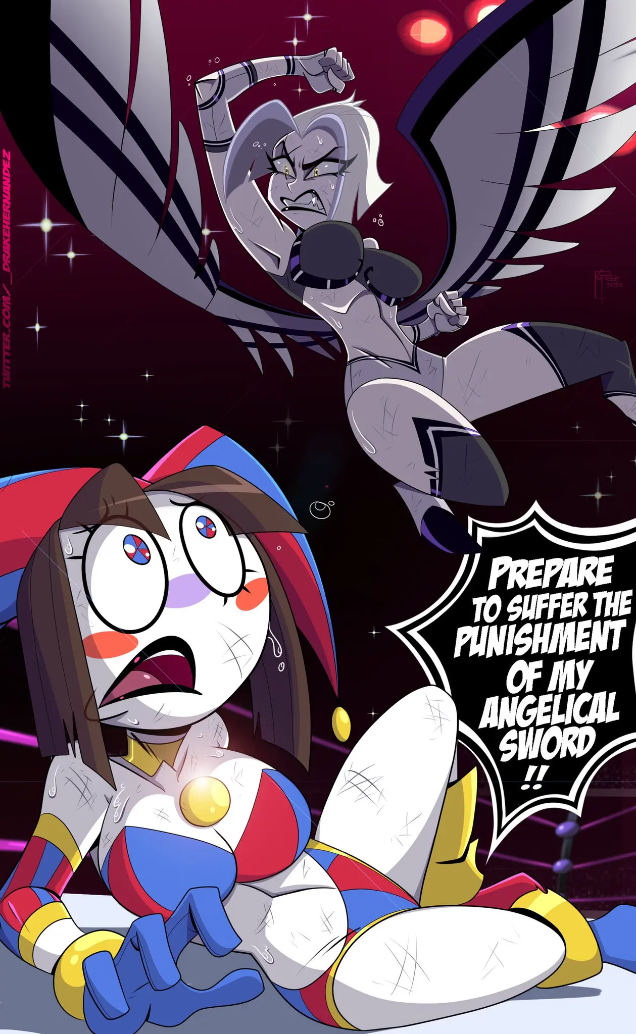 Image big_breasts,breasts,clothed,clothing,female,female_only,hi_res,large_breasts,white_hair,short_hair,sweat,yellow_eyes,female_focus,thick_thighs,bare_shoulders,bare_thighs,color,angel_wings,text,tagme,angel,brown_hair,english_text,text_bubble,hazbin_hotel,crossover,bare_legs,wrestling,bare_arms,fighting,pomni_(the_amazing_digital_circus),the_amazing_digital_circus,wrestling_ring,lute_(hazbin_hotel),angel_girl,aureola,great_dude