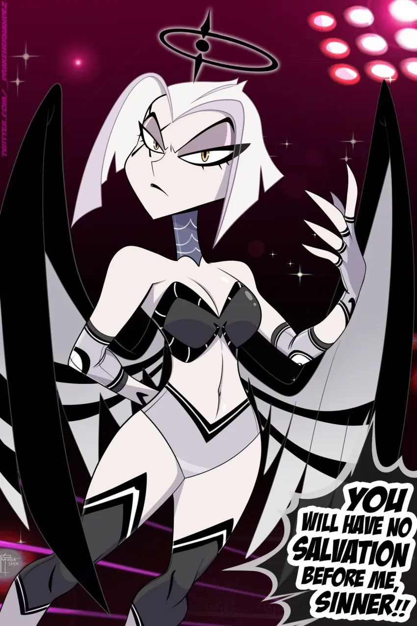 Image big_breasts,breasts,clothed,clothing,female,female_only,hi_res,large_breasts,white_hair,short_hair,yellow_eyes,female_focus,thick_thighs,bare_shoulders,bare_thighs,color,angel_wings,text,tagme,angel,english_text,text_bubble,hazbin_hotel,bare_legs,wrestling,bare_arms,wrestling_ring,lute_(hazbin_hotel),angel_girl,aureola,great_dude