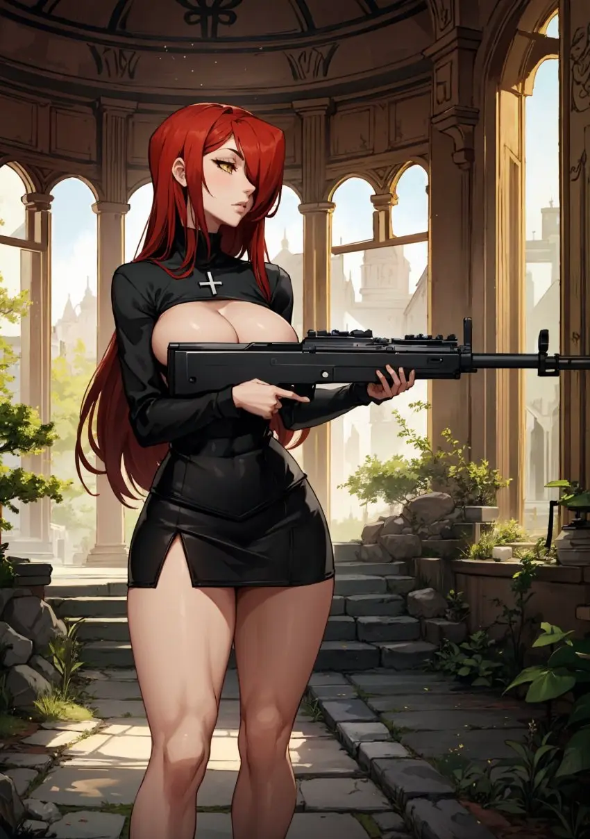 Image 1girls,big_breasts,breasts,female,female_only,human,human_only,looking_at_viewer,yellow_eyes,red_hair,ai_generated,cleavage,2d,2024,video_games,holding_weapon,weapon,skullgirls,gun,city_background,amber_eyes,questionable,makimass_ai,parasoul