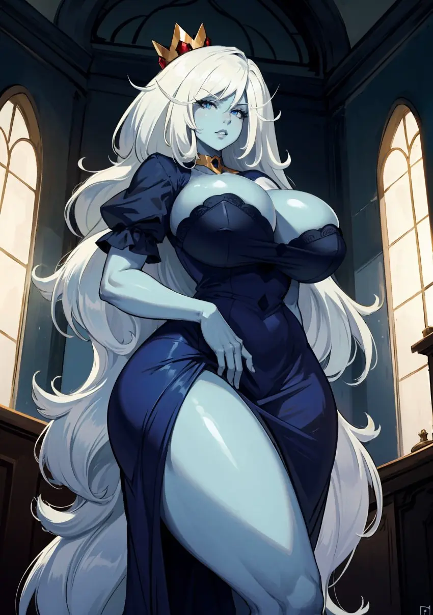 Image big_breasts,breasts,female,looking_at_viewer,white_hair,ai_generated,cleavage,huge_breasts,blue_body,crown,adventure_time,ice_queen_(adventure_time),makimass_ai