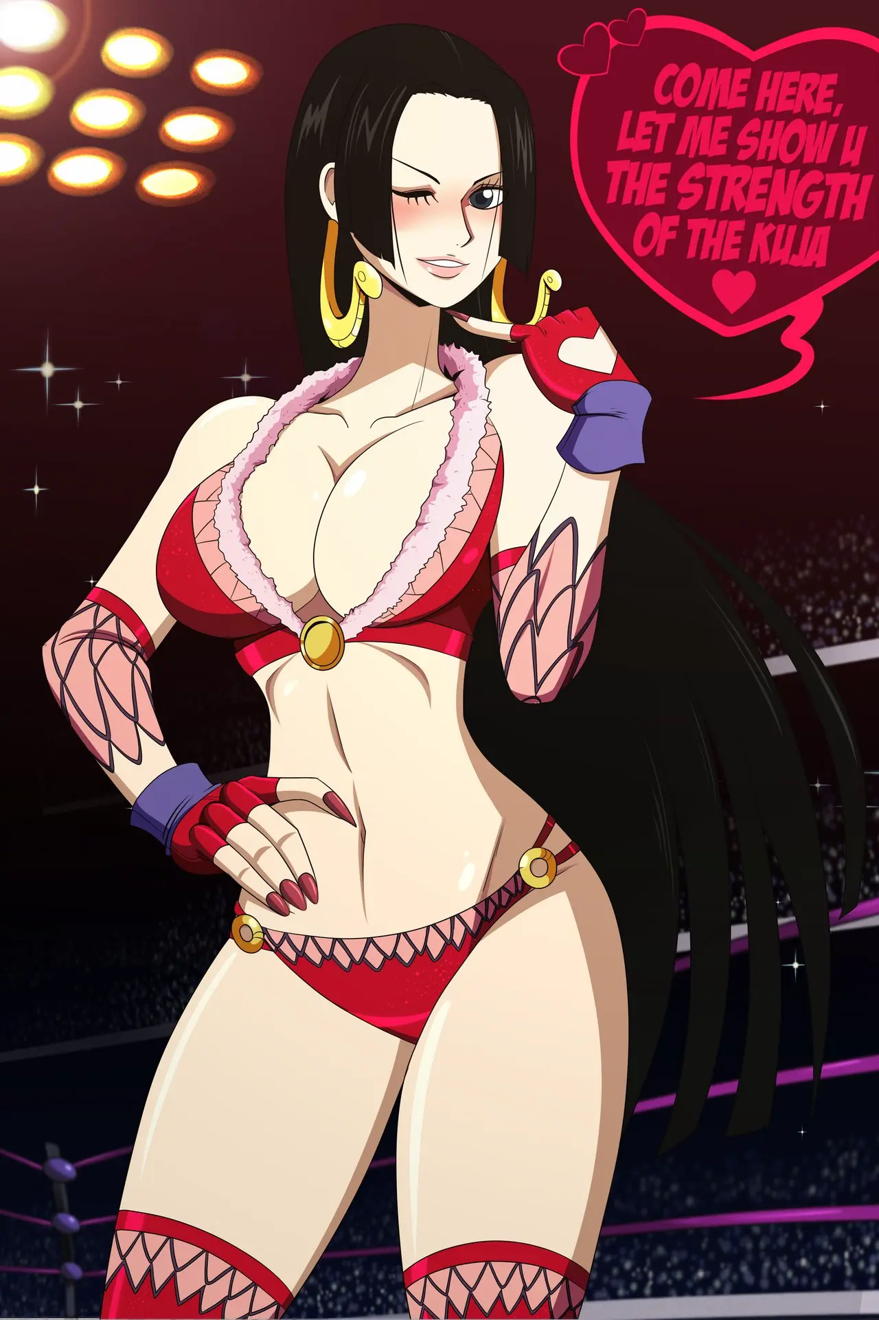 Image big_breasts,blush,breasts,clothed,clothing,female,female_only,hi_res,large_breasts,long_hair,looking_at_viewer,black_hair,blue_eyes,female_focus,thick_thighs,one_piece,bare_shoulders,bare_thighs,color,text,tagme,shounen_jump,english_text,fingerless_gloves,text_bubble,bare_legs,wrestling,bare_arms,boa_hancock,wrestling_ring,great_dude