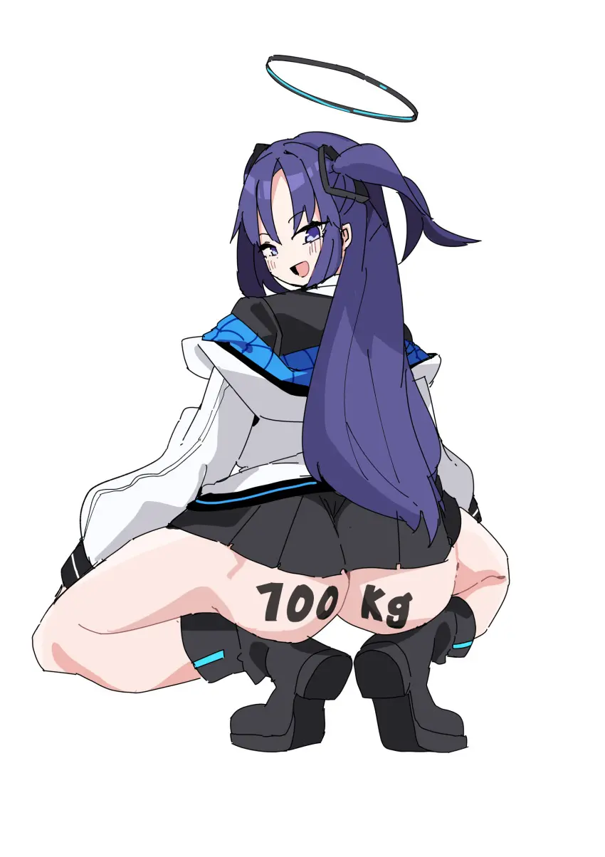 Image female,highres,long_hair,looking_at_viewer,simple_background,solo,absurdres,blue_eyes,blue_archive,ass,female_focus,looking_back,muscular,halo,purple_hair,twintails,skirt,pleated_skirt,squatting,body_writing,full_body,muscular_female,boots,meme,yuuka_(blue_archive),transparent_background,parody,broly_culo_(meme),koyansuee
