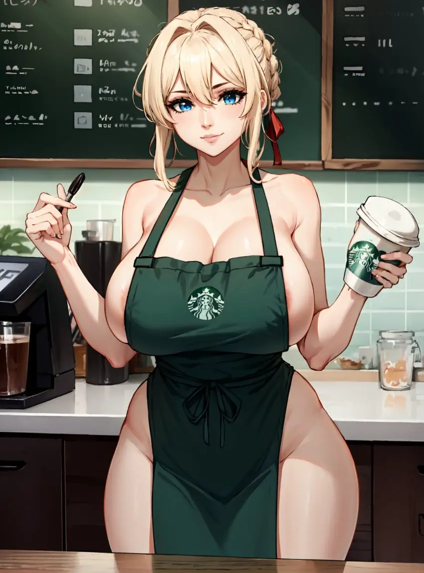 Image female,looking_at_viewer,ai_generated,makimass_ai,violet_evergarden,violet_evergarden_(character),starbucks