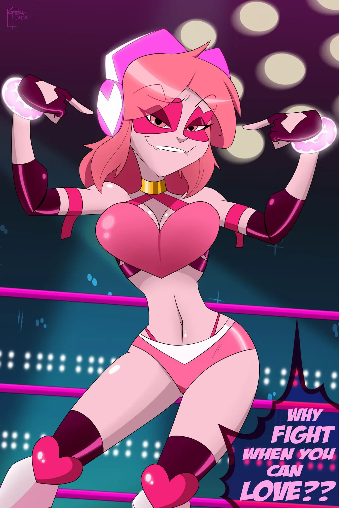 Image 1girls,clothed,clothing,female,female_only,hi_res,light-skinned_female,light_skin,looking_at_viewer,solo,short_hair,female_focus,thick_thighs,biting_lip,bare_shoulders,bare_thighs,color,solo_female,pink_hair,text,tagme,pink_eyes,english_text,fingerless_gloves,text_bubble,bare_legs,wrestling,bare_arms,wrestling_ring,miss_heed_(villainous),villainous,great_dude