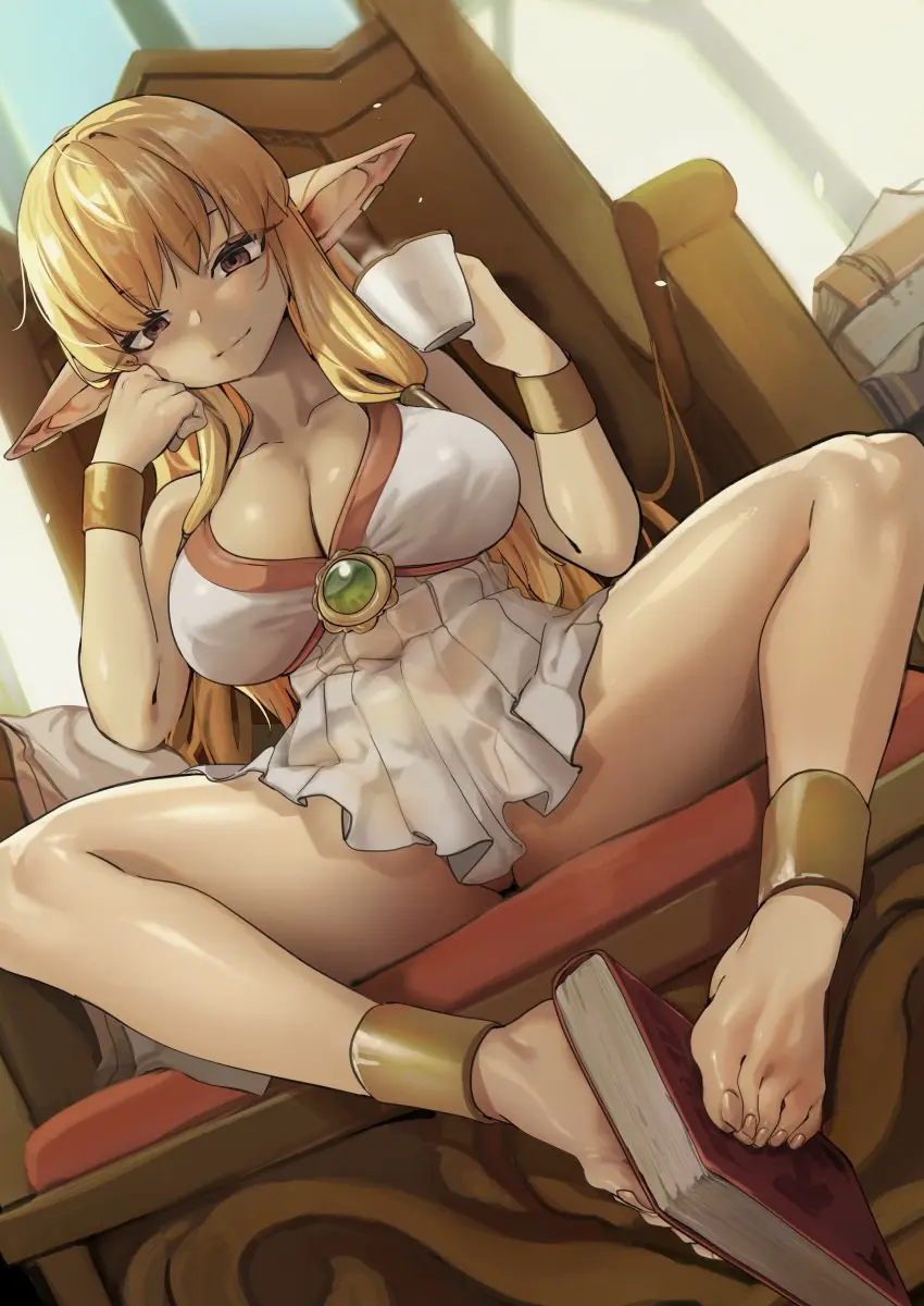 Image big_breasts,breasts,female,looking_at_viewer,thighs,white_skin,barefoot,feet,blonde_hair,foot_fetish,pink_eyes,elf,elf_ears,sousou_no_frieren,nipple_bulge,footjob,white_skirt,ankle_cuffs,serie_(sousou_no_frieren),tamada_heijun,wrist_cuffsrn