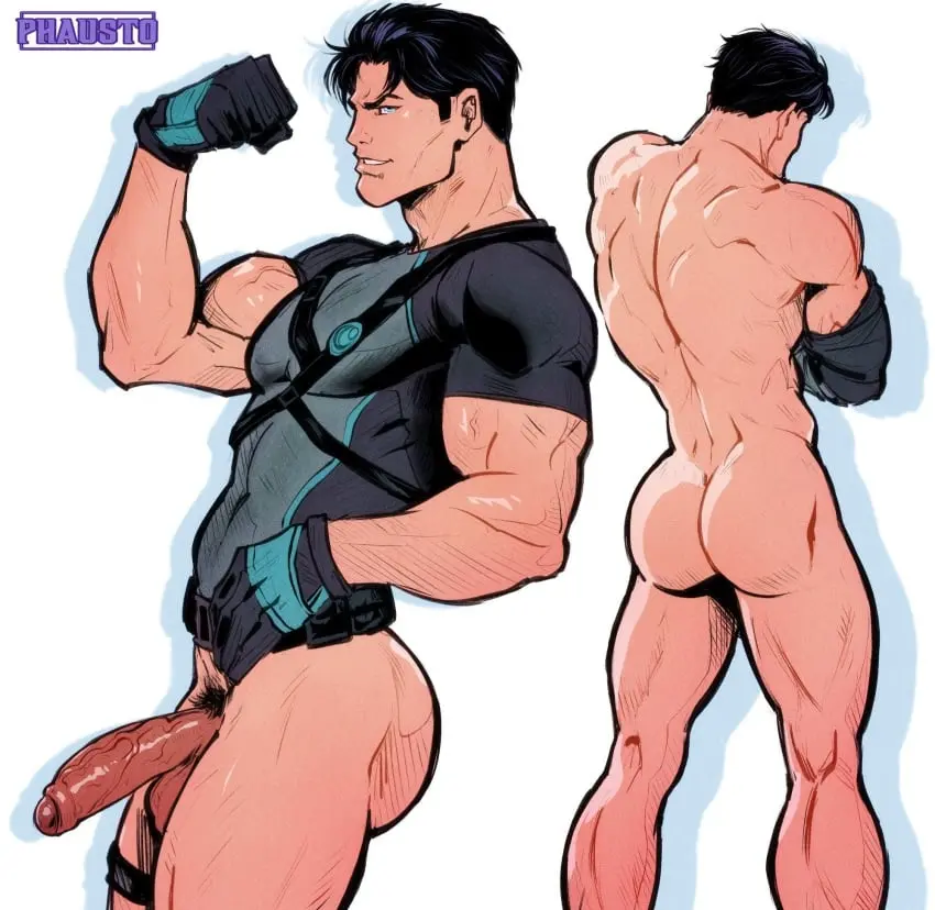 Image solo,white_background,1boy,black_hair,gloves,male,penis,ass,big_penis,muscular,muscular_male,male_only,artist_name,solo_focus,balls,veiny_penis,dark_hair,pubic_hair,bottomless,foreskin,uncircumcised,batman_(series),dc,dc_comics,partially_retracted_foreskin,retracted_foreskin,back_view,male_focus,solo_male,caucasian,dick_grayson,nightwing,phausto