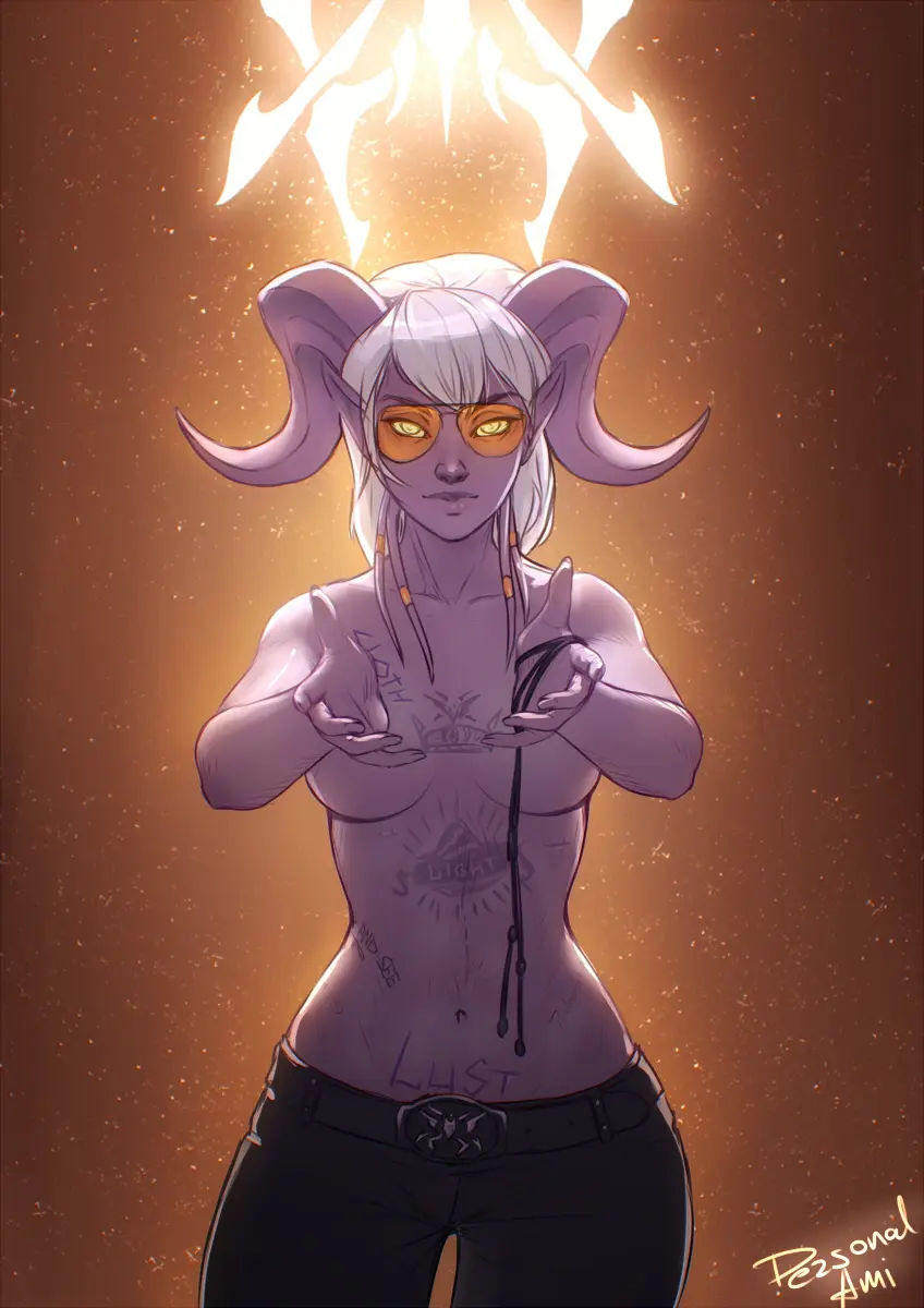Image 1girls,female,female_only,looking_at_viewer,solo,white_hair,solo_female,2d,text,warcraft,world_of_warcraft,english_text,body_writing,crossover,blizzard_entertainment,blue_skin,draenei,ubisoft,yrel,personalami,far_cry,far_cry_5,joseph_seed