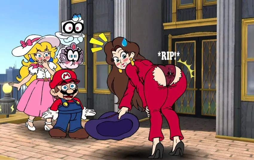 Image female,panties,ass,tagme,mario_(series),outdoors,princess_peach,torn_clothes,wardrobe_malfunction,tearing_open_bottoms,torn_open_bottoms,pauline,ripped_pants,mario,embarrassed_underwear_female,euf,super_mario_odyssey,print_panties,cappy_(mario),dcb2art,tiara_(mario)