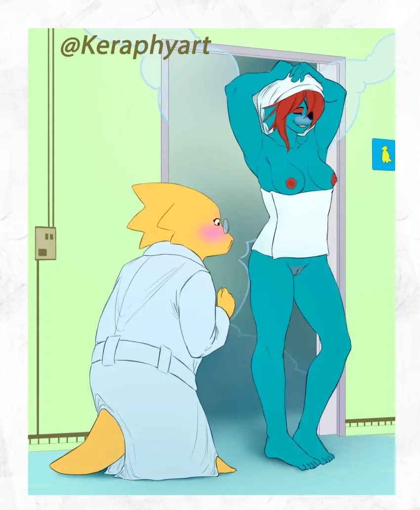Image blush,breasts,female,female_only,2girls,multiple_girls,nude,pussy,humanoid,2d,towel,lizard_humanoid,undertale,undertale_(series),lizard_girl,fish_humanoid,undyne,fish_girl,alphys,keraphyart