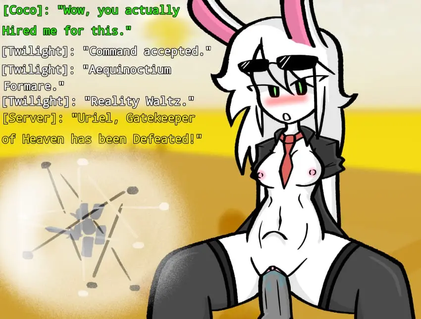 Image 1girls,breasts,female,looking_at_viewer,open_clothes,1boy,male,thighhighs,sex,thick_thighs,glasses,text,tagme,riding,stockings,alternate_version_available,bunny_girl,dialogue,english_text,white_body,roblox,robloxian,anon,roblox_game,background_character,balanced_craft_wars,coco_(balanced_craftwars),nyxwastaken,twilight_(balanced_craftwars),uriel_(balanced_craftwars)