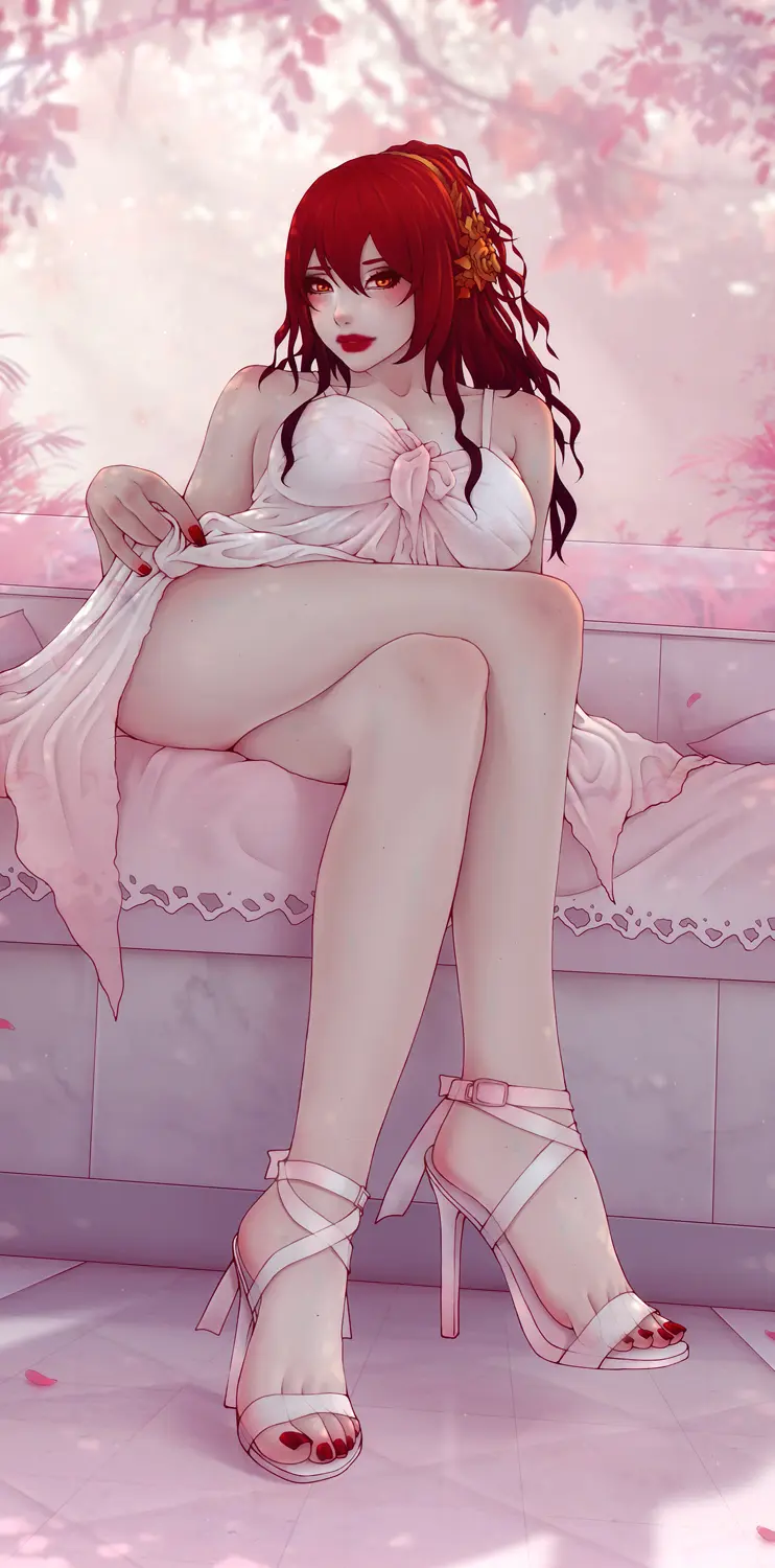Image 1girls,breasts,female,hair_ornament,highres,long_hair,looking_at_viewer,solo,red_hair,female_focus,orange_eyes,ponytail,feet,flower_in_hair,legs,sitting,dress,nail_polish,hair_between_eyes,red_lipstick,white_dress,high_heels,eyeshadow,makeup,lipstick,hoyoverse,honkai:_star_rail,red_nails,crossed_legs,red_lips,red_nail_polish,himeko_(honkai:_star_rail),soranamae