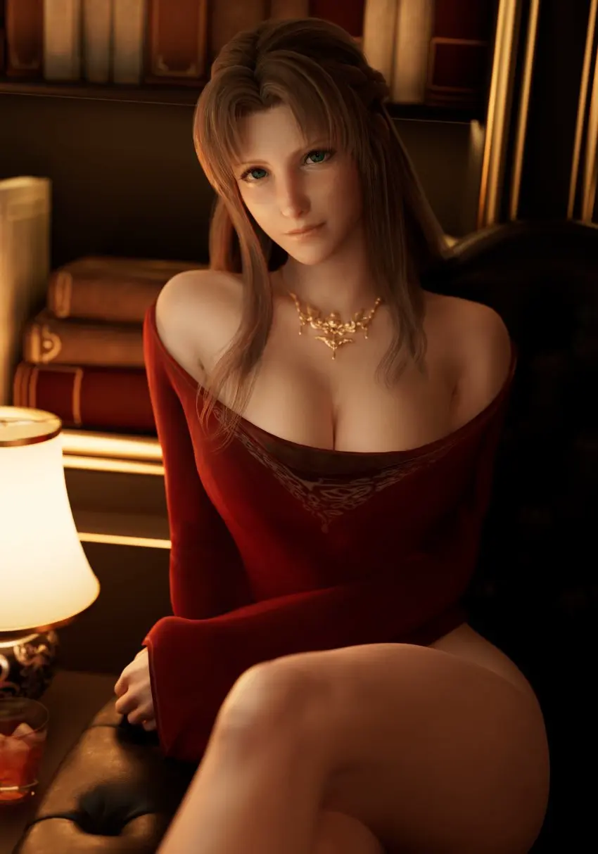 Image 1girls,big_breasts,breasts,female,highres,large_breasts,long_hair,looking_at_viewer,bedroom_eyes,milf,cleavage,green_eyes,sitting,necklace,brown_hair,mature_female,indoors,3d,blender,no_panties,3d_(artwork),final_fantasy,final_fantasy_vii,final_fantasy_vii_remake,square_enix,crossed_legs,bookshelf,books,billyhhyb,ifalna