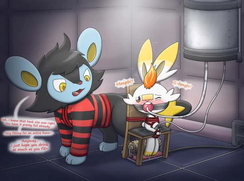 Image blush,hi_res,cum,male,pokemon,pokemon_(species),duo,male/male,male_only,nintendo,genital_fluids,bodily_fluids,forced,bondage,speech_bubble,furniture,generation_4_pokemon,feral,feral_only,generation_8_pokemon,scorbunny,ball_gag,bound,gag,chair,chair_bondage,machine,drinking,rope,luxio,force_feeding,milking_machine,tickling,tickling_machine,muffled,charlx,charly-sparks,glist_the_scorbunny