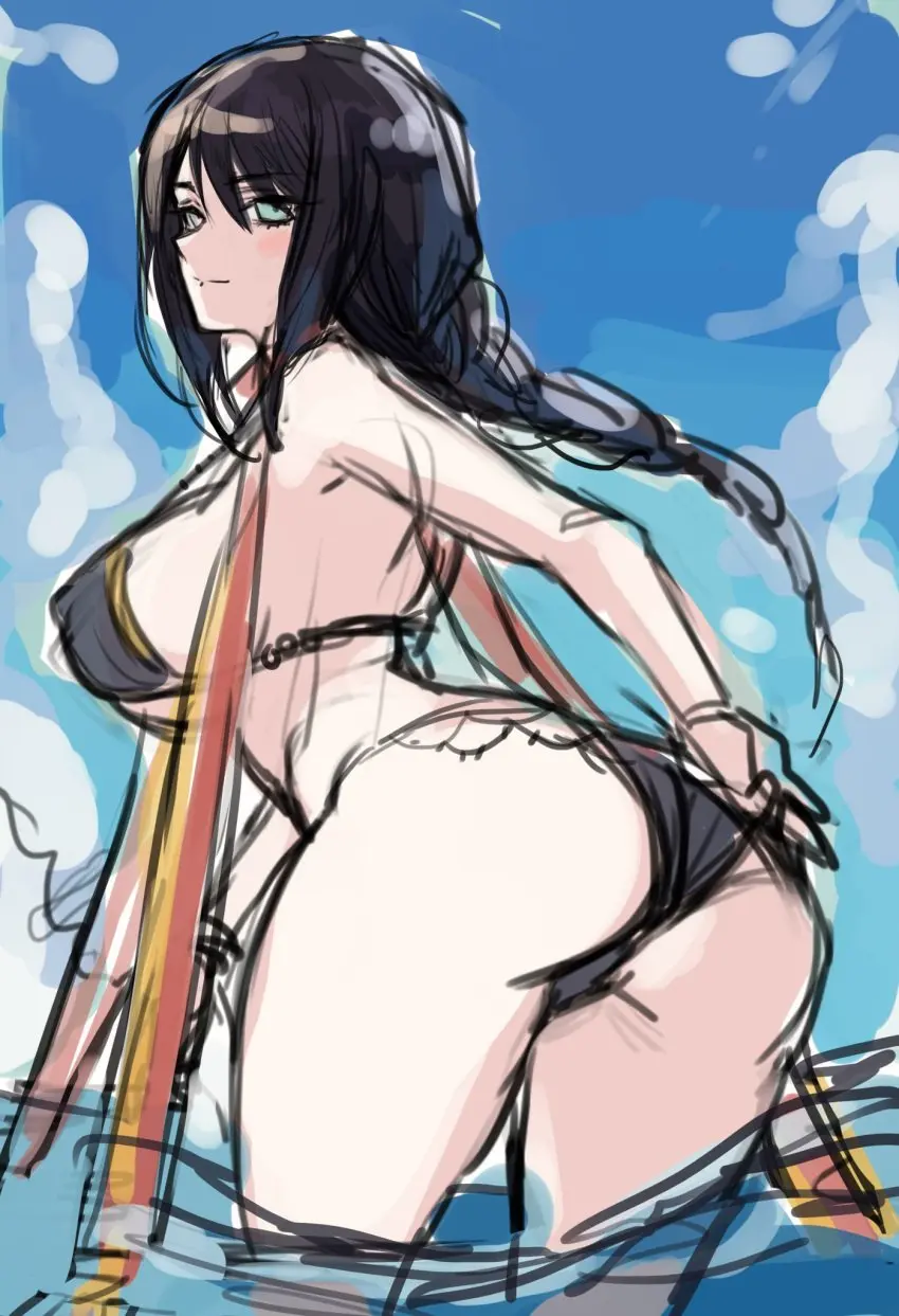 Image 1girls,2023,big_breasts,breasts,female,solo,black_hair,blue_eyes,bikini,big_ass,thighs,beach,pale-skinned_female,mature_female,low-angle_view,presenting_hindquarters,braided_hair,elden_ring,fromsoftware,greatwhite,sorceress_sellen