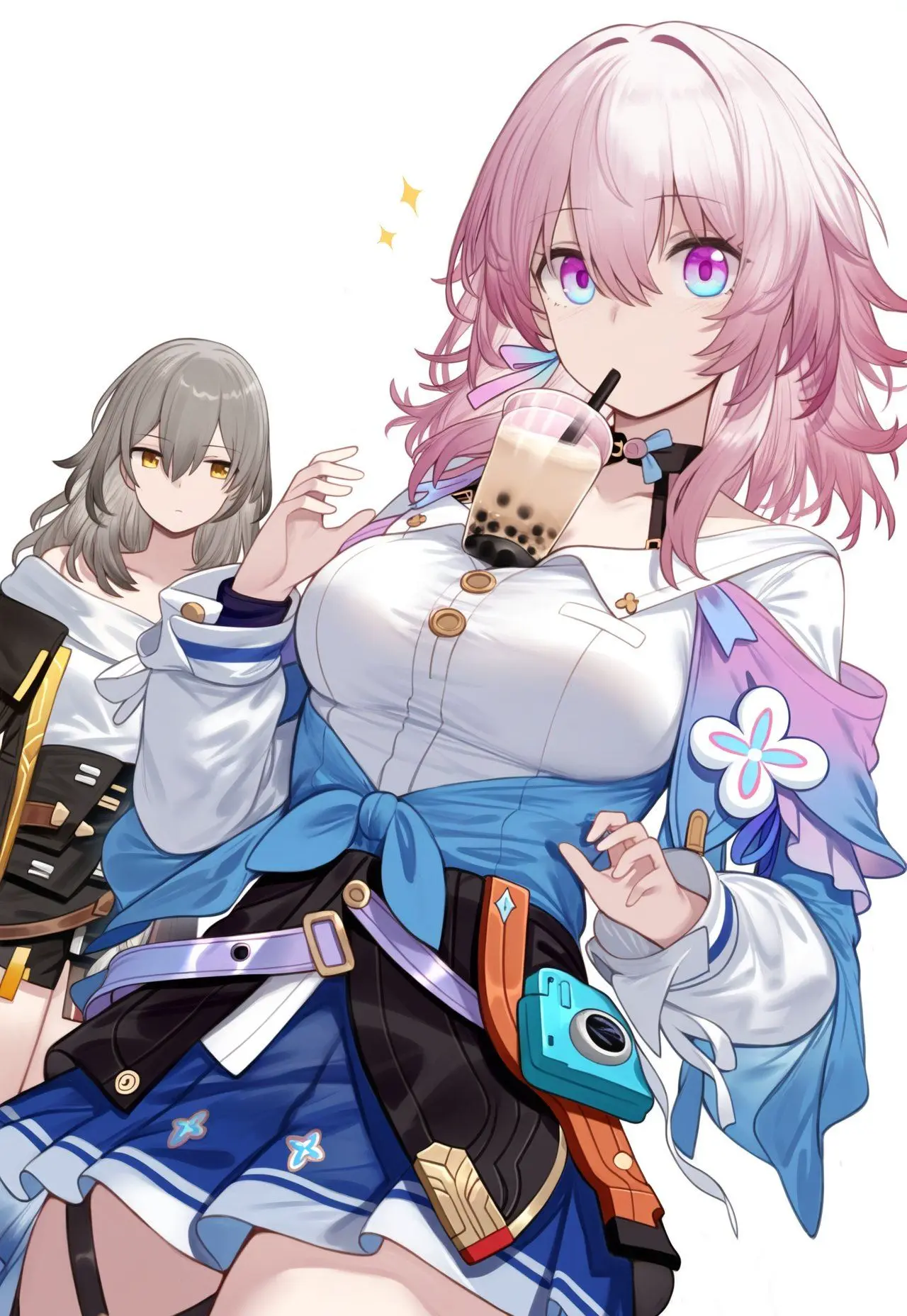 Image clothed,clothing,female,female_only,grey_hair,looking_at_viewer,white_background,2girls,multiple_girls,yellow_eyes,pink_hair,pink_eyes,looking_at_another,jacket,sparkles,honkai:_star_rail,stelle_(honkai:_star_rail),bubble_tea,bubble_tea_challenge,boba_tea,march_7th_(honkai:_star_rail),tea_cup,boba_tea_challenge