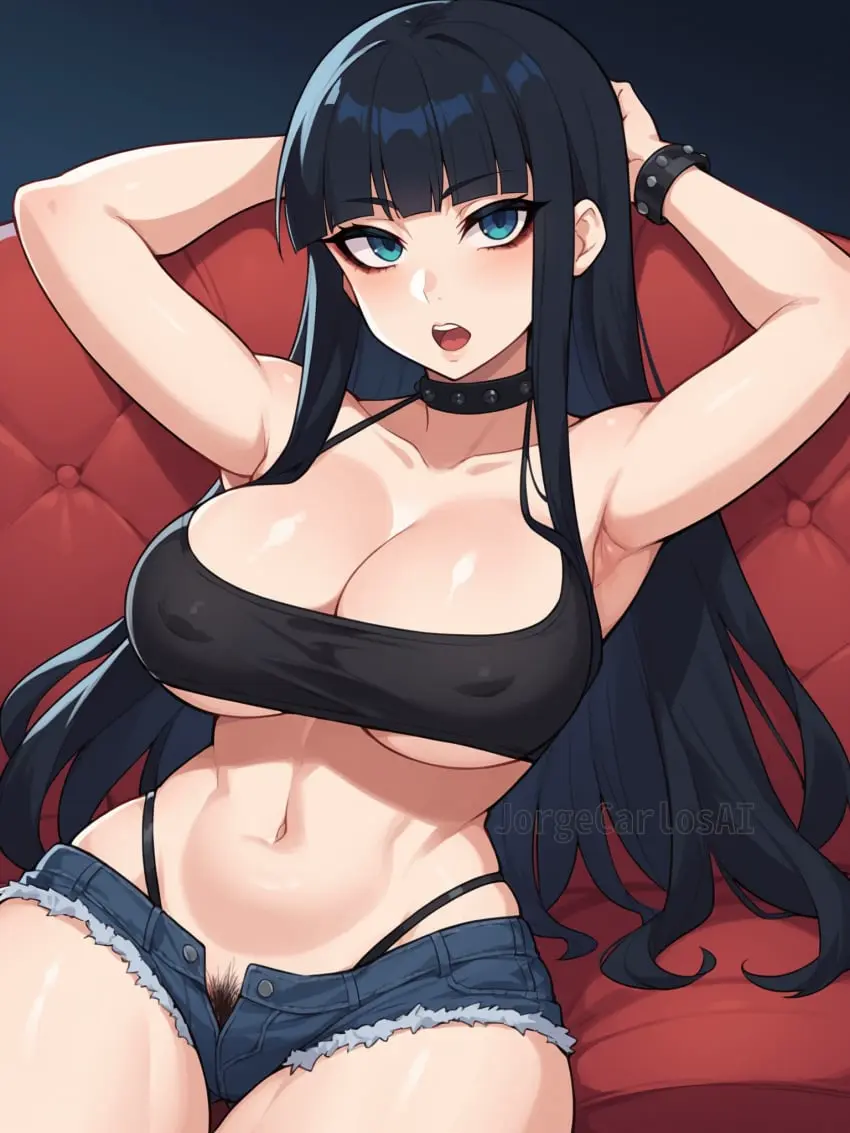Image 1girls,big_breasts,breasts,female,female_only,long_hair,open_mouth,black_hair,blue_eyes,navel,female_focus,ai_generated,arms_up,cleavage,underboob,dark_hair,pubic_hair,collar,shorts,thong,goth,goth_girl,toned,open_fly,pubic_hair_peek,short_shorts,gothic,jorgecarlosai,armbands,tiny_short