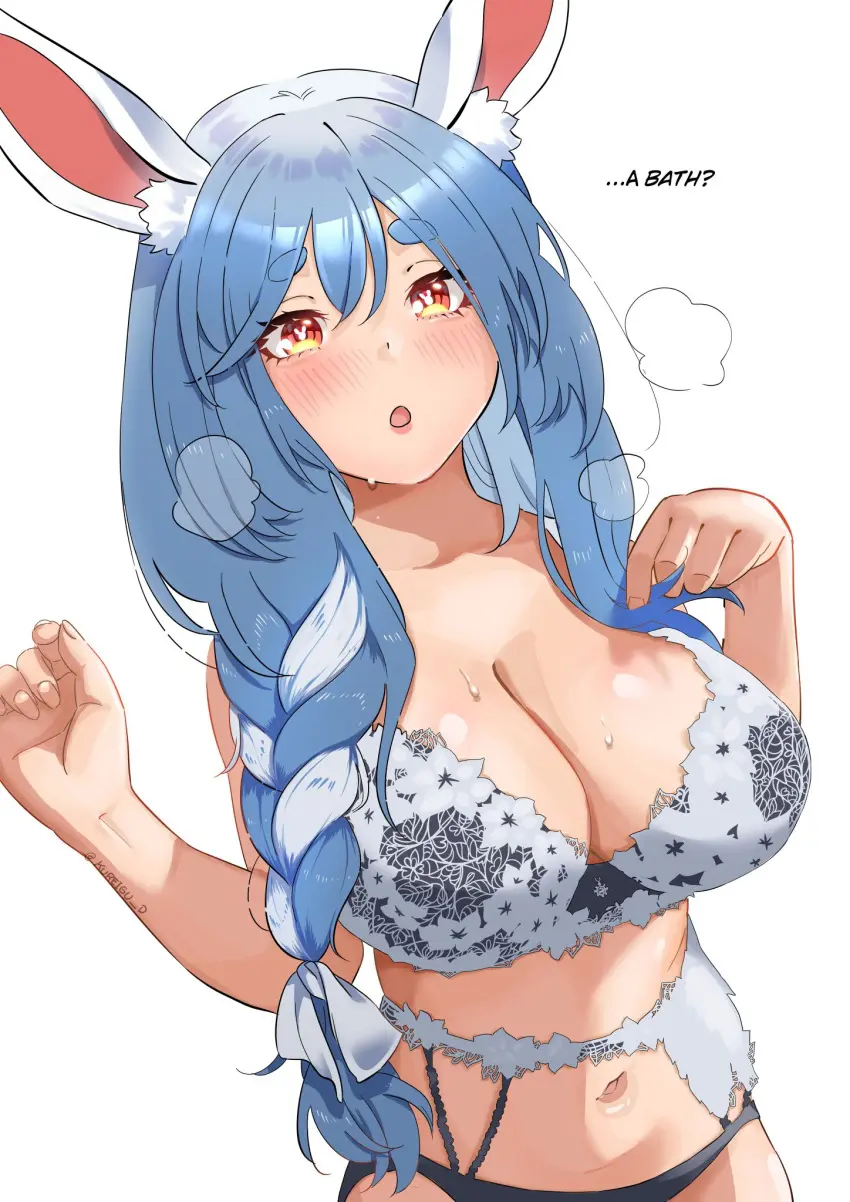 Image 1girls,blush,breasts,female,female_only,large_breasts,light-skinned_female,light_skin,solo,animal_ears,blue_hair,navel,bra,two_tone_hair,milf,virtual_youtuber,watermark,artist_name,eyebrows,2d,pale-skinned_female,pale_skin,hololive,hololive_fantasy,hololive_japan,mature_female,pekomama,rabbit_ears,braid,upper_body,:o,2d_(artwork),english_text,2024,blue_eyebrows,front_view,single_braid,blush_lines,white_ears,blushing,question,amber_eyes,pink_inner_ear,anime_nose,fluffy_ears,circle_eyebrows,questionable,white_and_blue_hair,big_navel,ornate_bra,kureigu