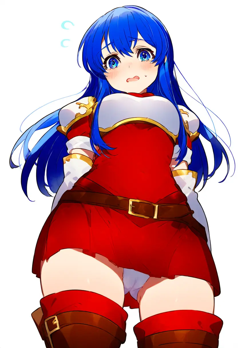 Image 1girls,blush,cowboy_shot,female,long_hair,looking_at_viewer,open_mouth,simple_background,solo,standing,white_background,bangs,blue_eyes,blue_hair,elbow_gloves,gloves,thighhighs,panties,underwear,thighs,embarrassed,ai_generated,ass_visible_through_thighs,dress,looking_down,sweatdrop,nintendo,hair_between_eyes,skirt,white_panties,red_dress,wavy_mouth,white_gloves,from_below,belt,short_dress,fire_emblem,boots,novelai,armor,upskirt,arms_behind_back,flying_sweatdrops,thigh_boots,pantyshot,pauldrons,shoulder_armor,red_thighhighs,caeda_(fire_emblem),fire_emblem:_mystery_of_the_emblem,zettai_ryouiki,self-upload,breastplate,fire_emblem:_shadow_dragon
