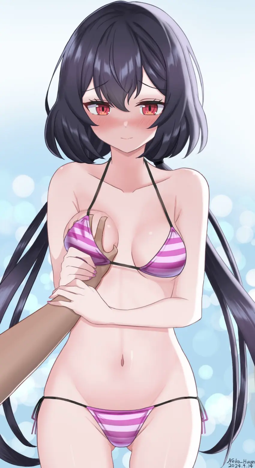 Image blush,cowboy_shot,female,highres,long_hair,looking_at_viewer,red_eyes,black_hair,bikini,swimsuit,1other,twintails,grabbing,grabbing_another's_breast,nose_blush,commentary_request,low_twintails,chinese_commentary,gluteal_fold,striped_clothes,lowleg,lowleg_bikini,side-tie_bikini_bottom,striped_bikini,counter:side,lily_(counter:side),neko_huan