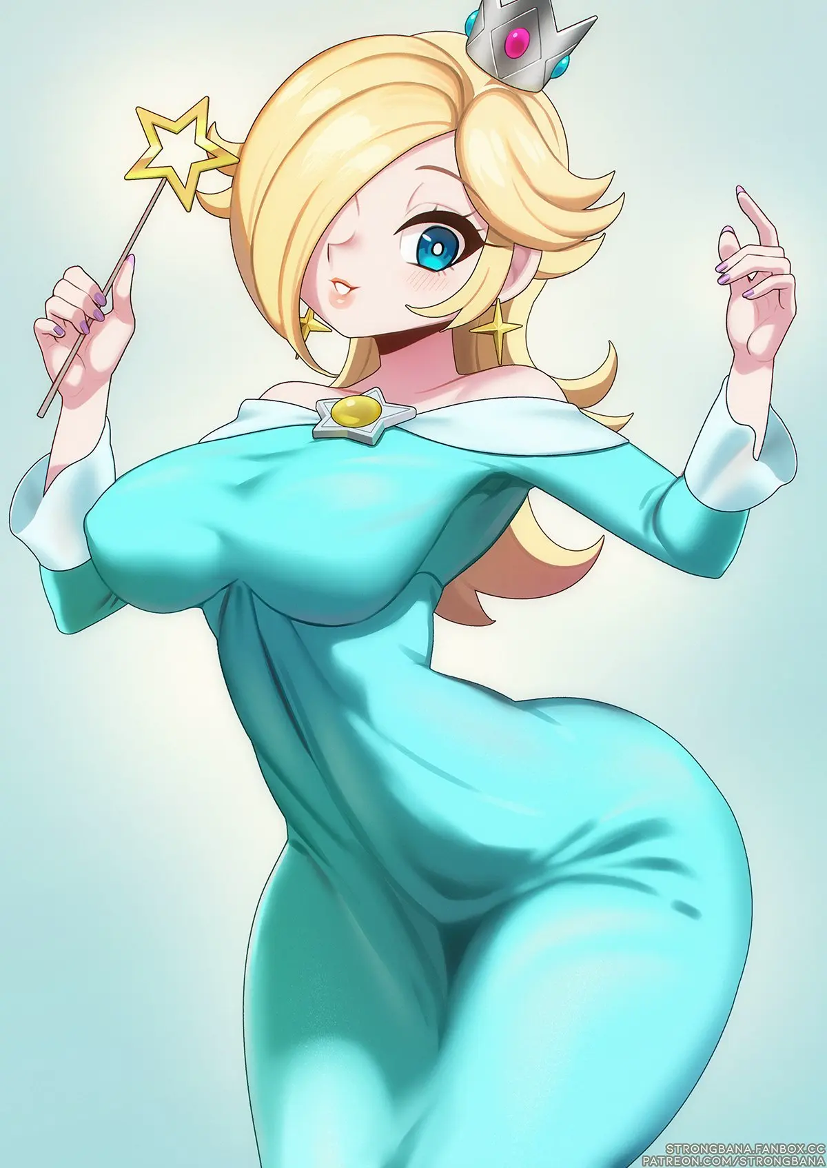 Image big_breasts,breasts,clothed,female,female_only,simple_background,solo,standing,blue_eyes,sex,thighs,blonde_hair,dress,mario_(series),nintendo,legs_up,tight_clothing,yellow_hair,blue_dress,princess_rosalina,princess_dress,rn1girls,strongbana