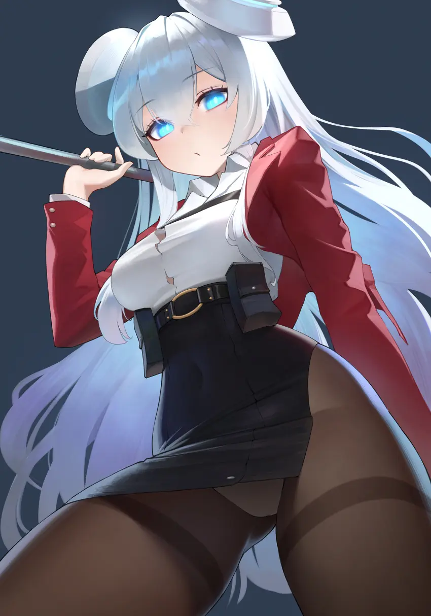 Image collared_shirt,female,highres,long_hair,looking_at_viewer,open_clothes,shirt,simple_background,solo,white_hair,absurdres,blue_eyes,blue_background,headgear,cameltoe,hair_between_eyes,skirt,white_shirt,jacket,from_below,belt,covered_navel,commission,pantyhose,open_jacket,black_skirt,cropped_jacket,red_jacket,thighband_pantyhose,high-waist_skirt,shirt_tucked_in,counter:side,glowing_headgear,hantata,holding_industrial_pipe,horizon_(counter:side)