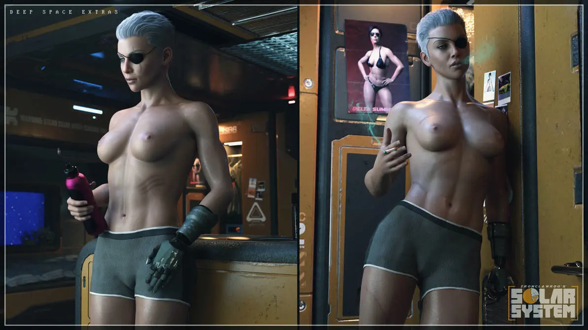 Image 1girls,female,white_hair,short_hair,original,3d,topless,shorts,topless_female,eyepatch,prosthetic,prosthetic_limb,ironclawroo,charlie_(ironclawroo)
