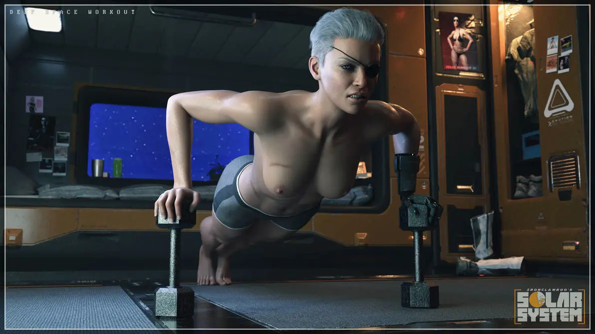Image 1girls,female,white_hair,short_hair,original,3d,topless,shorts,topless_female,eyepatch,prosthetic,prosthetic_limb,ironclawroo,charlie_(ironclawroo)