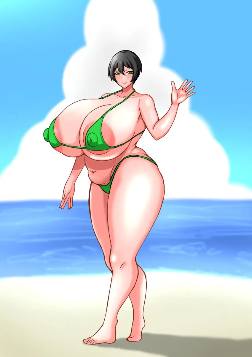 Image 1girls,big_breasts,breasts,female,large_breasts,black_hair,short_hair,bikini,thick_thighs,thighs,voluptuous,beach,huge_breasts,green_eyes,original,original_character,busty,curvy,curvy_body,curvy_female,curvy_figure,curvaceous,green_bikini,yojo_shinshi
