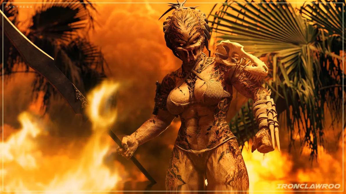Image 1girls,female,female_only,solo,bikini,solo_female,3d,weapon,skull,alien,alien_girl,brown_bikini,female_yautja,predator_(franchise),yautja,ironclawroo