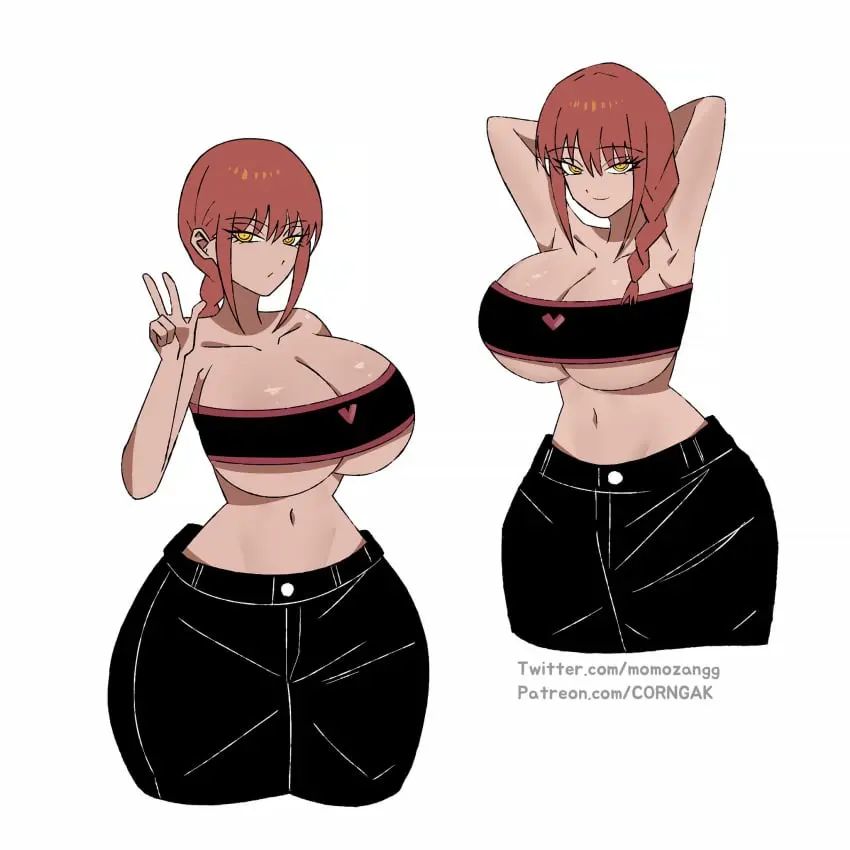 Image 1girls,big_breasts,breasts,female,light-skinned_female,pants,smile,solo,white_background,yellow_eyes,red_hair,thick_thighs,thighs,watermark,hands_behind_head,sports_bra,artist_name,cleavage,solo_female,underboob,curvy,curvy_female,mature_female,chainsaw_man,makima_(chainsaw_man),peace_sign,corngak,momozangg