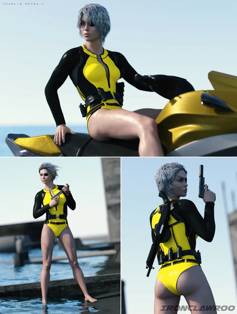 Image 1girls,clothing,female,grey_hair,short_hair,original,pale_skin,3d,weapon,swimwear,eyepatch,gun,handgun,firearm,wetsuit,ironclawroo,charlie_(ironclawroo),skidoo,suppressor