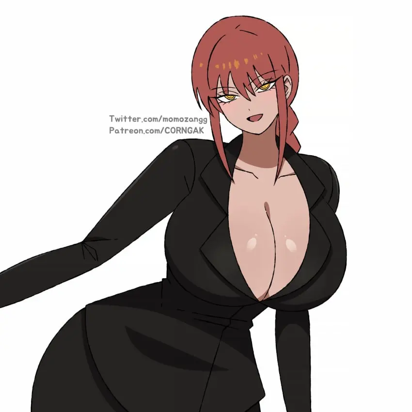 Image 1girls,big_breasts,breasts,female,light-skinned_female,open_mouth,solo,white_background,yellow_eyes,red_hair,thick_thighs,thighs,watermark,artist_name,cleavage,clothed_female,solo_female,mature_female,chainsaw_man,makima_(chainsaw_man),business_suit,corngak,momozangg