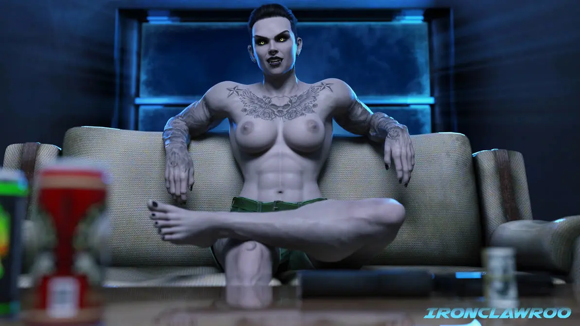 Image 1girls,female,black_hair,tattoo,original,3d,topless,vampire,vampire_girl,topless_female,abs,ironclawroo