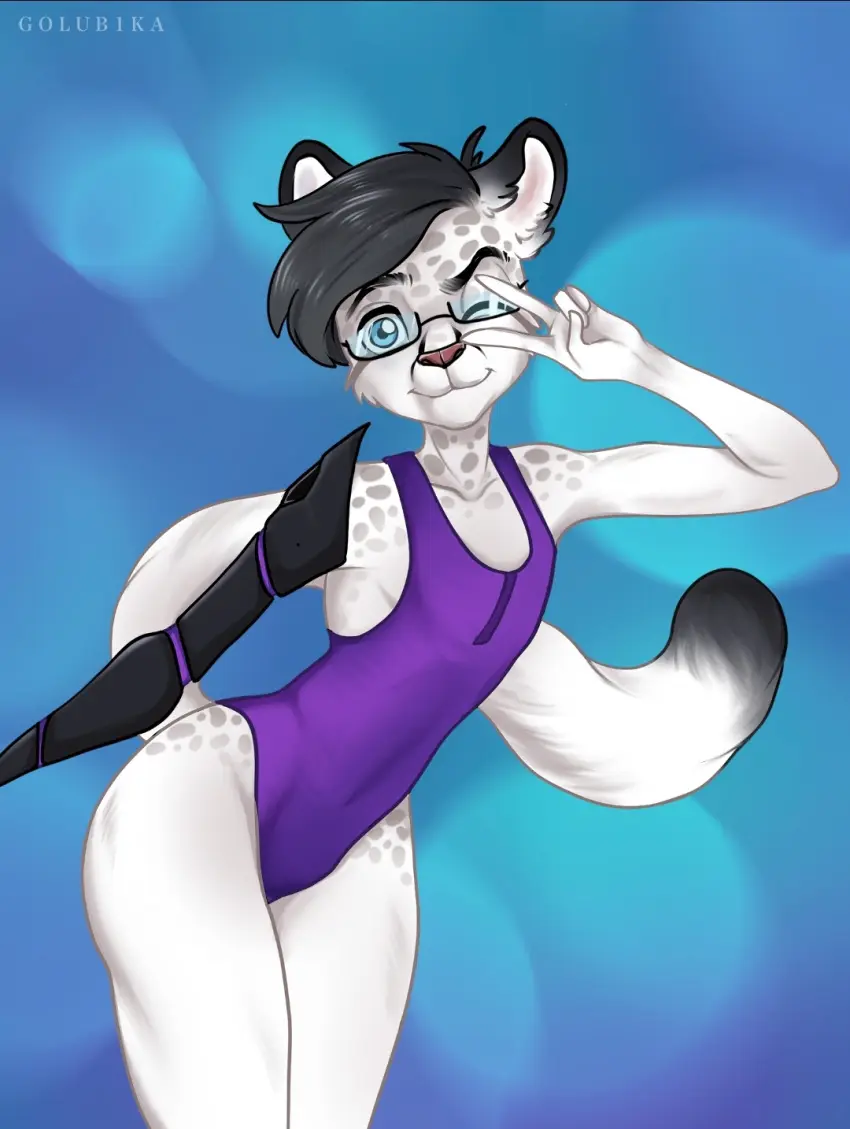 Image clothing,grey_hair,hi_res,solo,blue_eyes,tail,thick_thighs,intersex,eyewear,glasses,hair,anthro,one_eye_closed,one-piece_swimsuit,pose,fur,mammal,feline,white_body,cuntboy,leotard,swimwear,markings,gesture,hand_gesture,dipstick_tail,tail_markings,white_fur,felid,spots,cheetah,spotted_markings,v_sign,prosthetic,prosthetic_arm,prosthetic_limb,cybernetic_arm,mechanical_arm,cybernetic_limb,snow_cheetah,xheotris,golub1ka