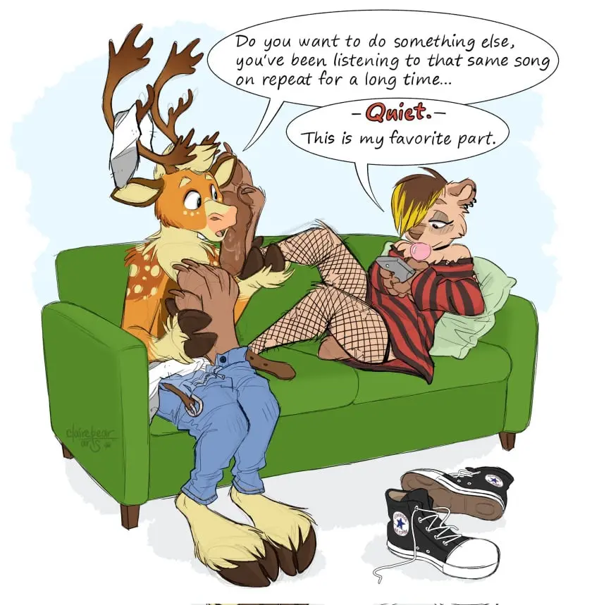 Image blush,clothing,female,hi_res,male,sex,barefoot,duo,feet,male/male,jewelry,male/female,anthro,piercing,foot_fetish,flustered,necklace,socks,footwear,mammal,claws,paws,toe_claws,ear_piercing,narrowed_eyes,bear,toes,deer,electronics,footjob,phone,anklet,foot_focus,cellphone,pawpads,foot_play,ear_ring,ring_piercing,foot_on_face,clairebear,strawbear