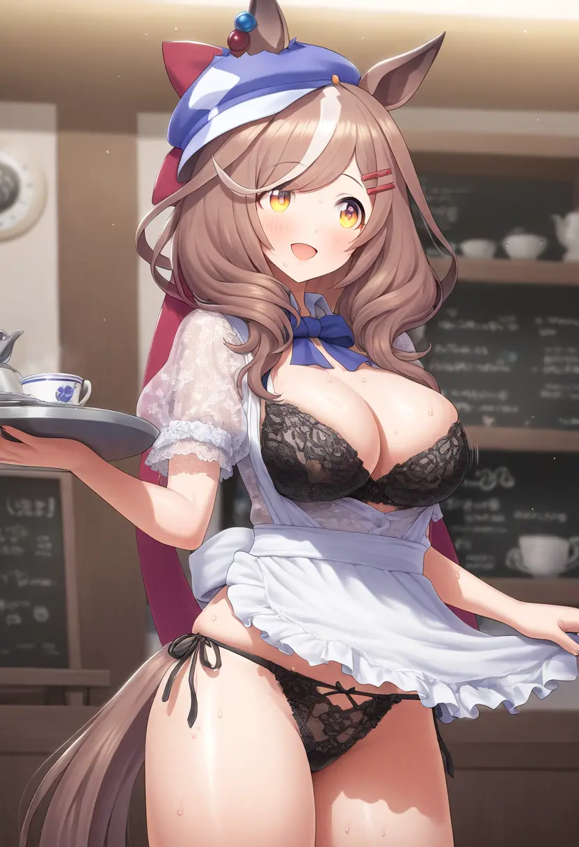 Image female,animal_ears,bra,ai_generated,hairclip,brown_hair,light_brown_hair,cosplay,horse_girl,umamusume,umamusume_pretty_derby,flat_cap,matikane_tannhauser_(umamusume)