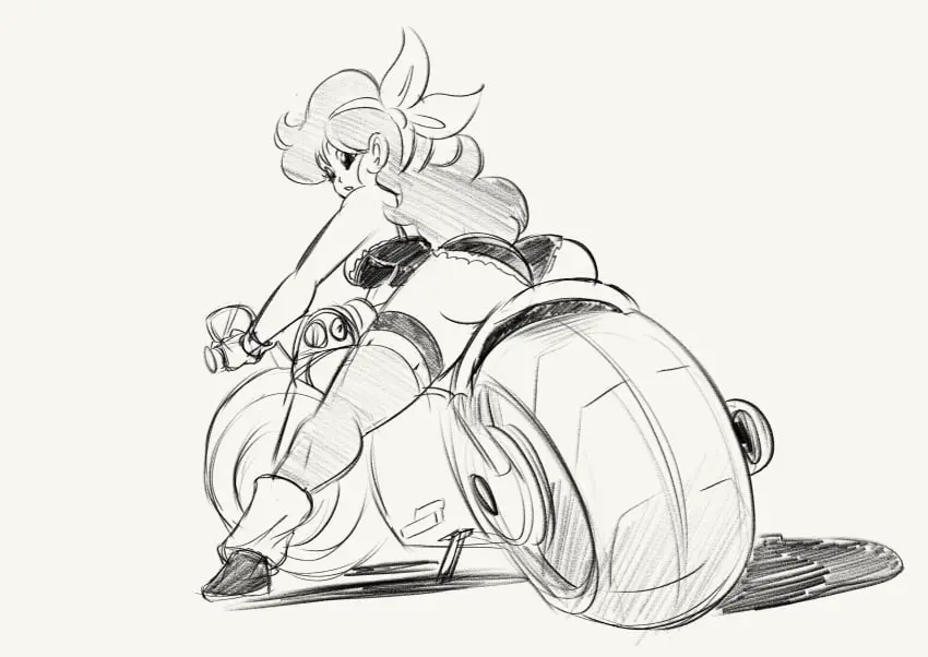 Image 1girls,female,thighhighs,ass,dragon_ball,hair_ribbon,curvy,black_and_white,ribbon,sketch,launch,motorcycle,riding_motorcycle,good_launch,lunch_(dragon_ball),funsexydragonball
