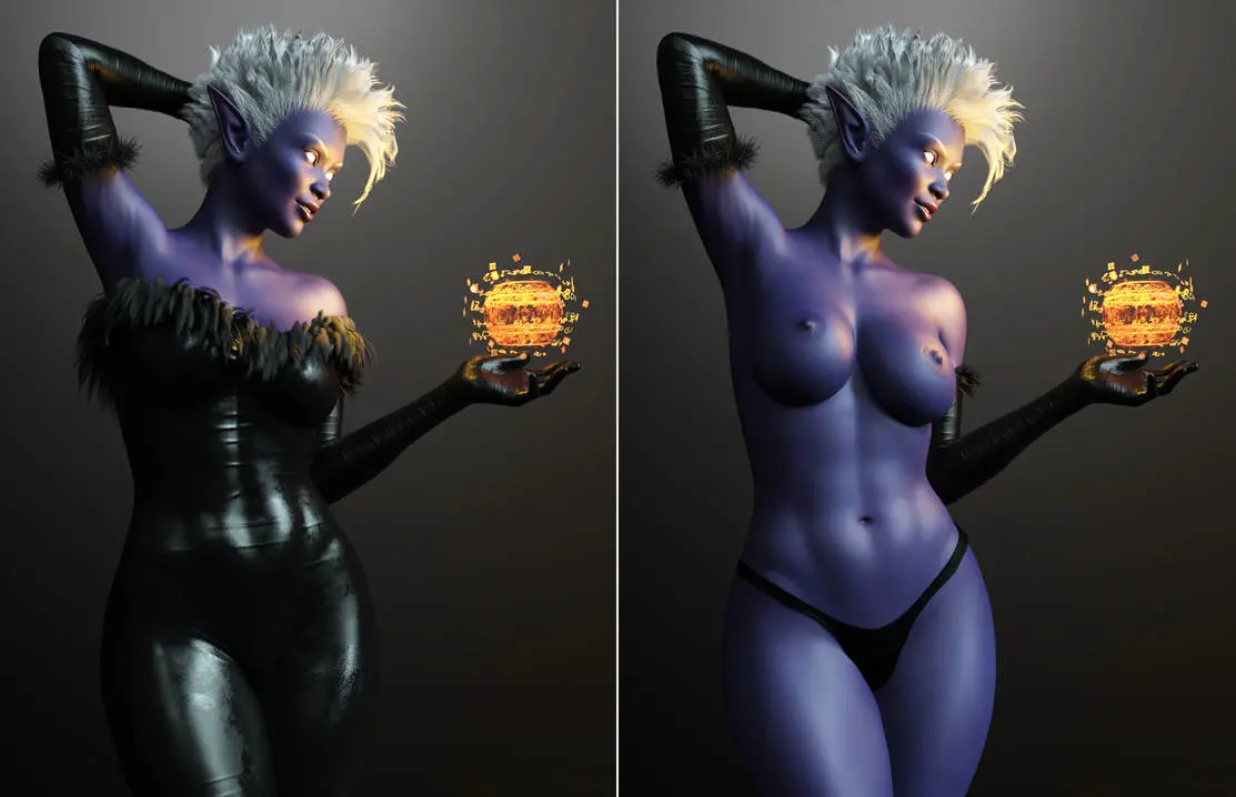 Image female,white_hair,2girls,elbow_gloves,gloves,panties,elf,original,pointy_ears,3d,black_panties,topless,elf_female,topless_female,dark_elf,blue_skin,blue-skinned_female,on/off,ironclawroo