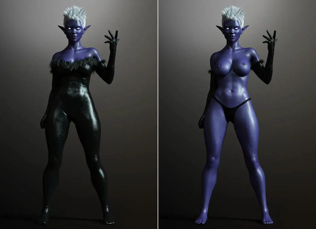 Image 1girls,female,elbow_gloves,gloves,panties,elf,original,pointy_ears,3d,black_panties,topless,elf_female,topless_female,dark_elf,blue_skin,blue-skinned_female,on/off,ironclawroo