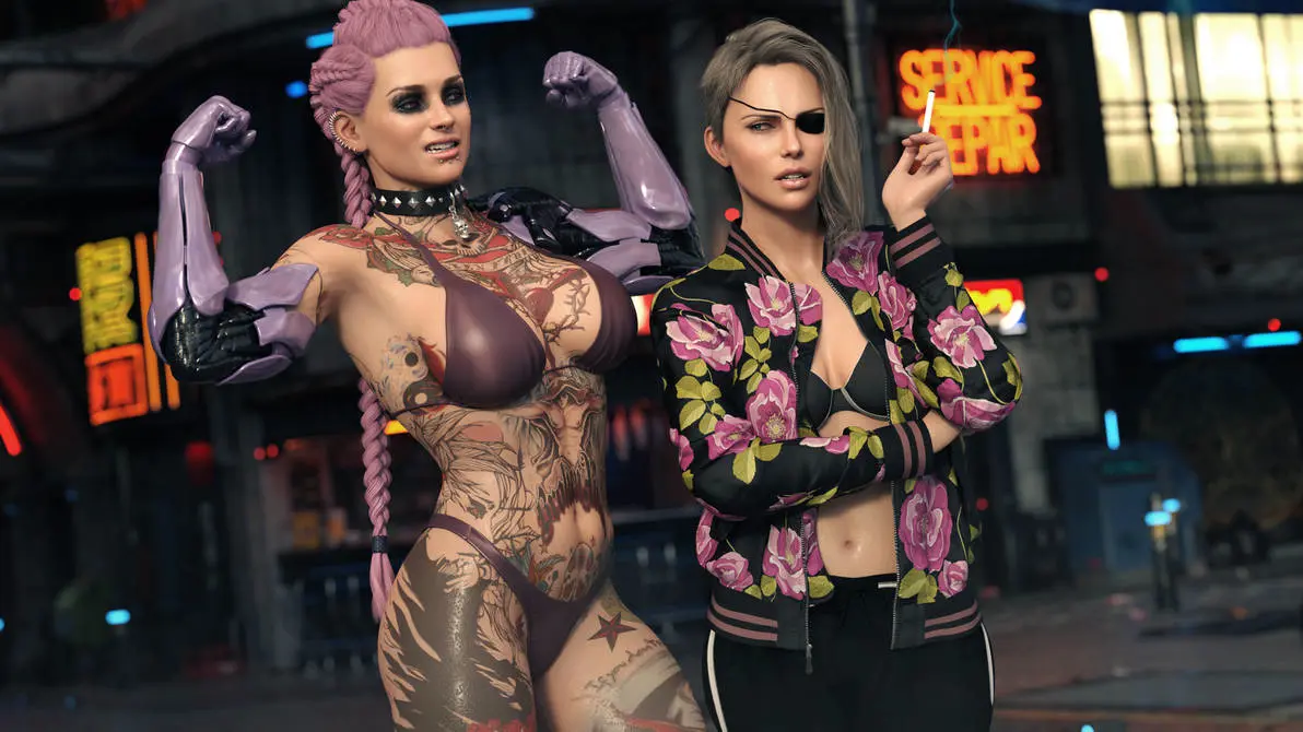 Image female,2girls,bikini,ponytail,tattoo,pink_hair,blonde_hair,swimsuit,original,3d,black_bikini,eyepatch,robotic_arm,ironclawroo