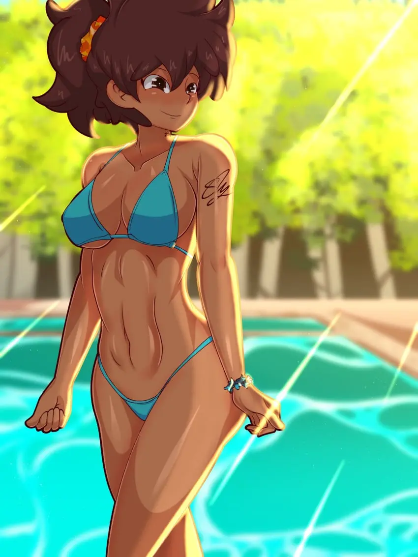 Image 1girls,breasts,female,female_only,smile,solo,bikini,disney,ponytail,dark_skin,smiling,watermark,happy,looking_away,solo_female,brown_hair,dark-skinned_female,disney_channel,fit,fit_female,blue_bikini,asian_female,pool,poolside,amphibia,tummy,anne_boonchuy,thai,amphibia_(finale),wristband,sly_(artist),thai_female