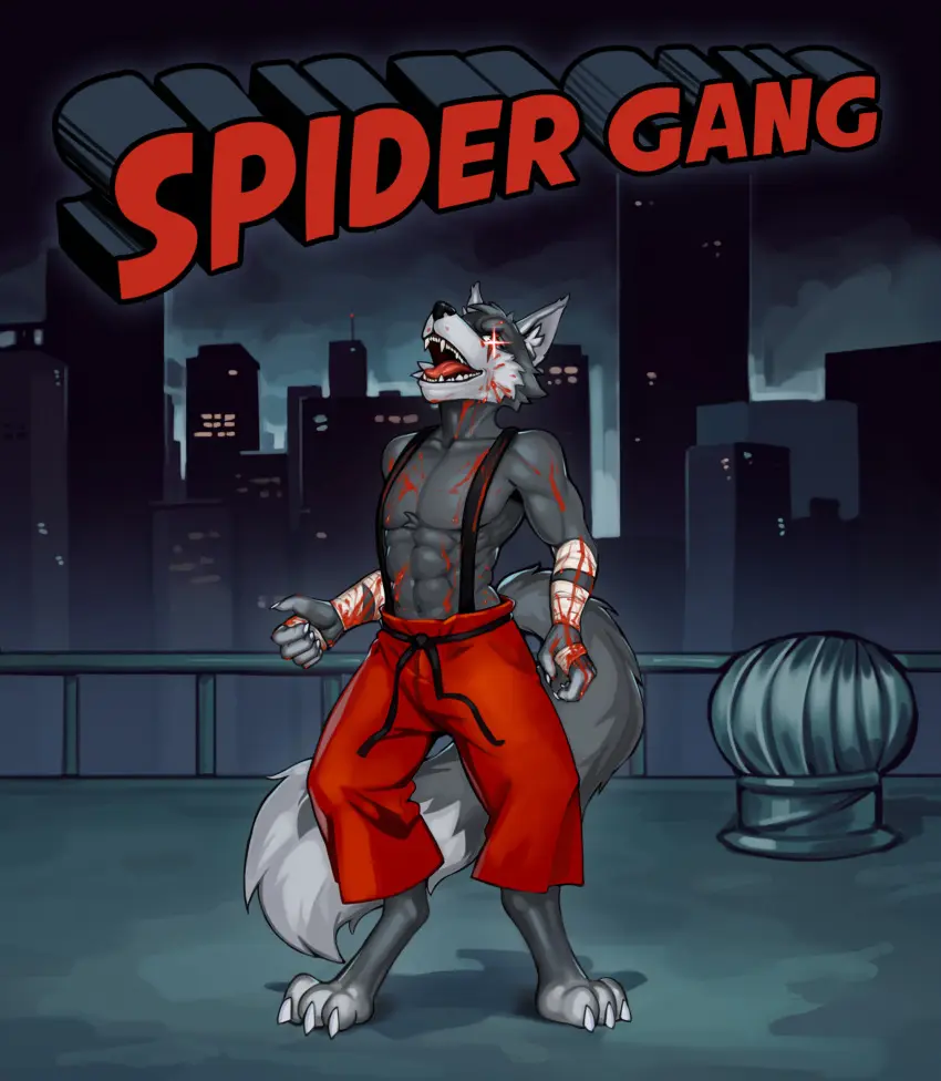 Image clothed,clothing,hi_res,open_mouth,pants,red_pants,solo,suspenders,male,tail,humanoid,digital_media_(artwork),anthro,text,animal_humanoid,topless,blood,night,bodily_fluids,canid,canine,canis,fur,mammal,multicolored_body,two_tone_body,wolf,mammal_humanoid,humanoid_hands,red_clothing,bottomwear,city,city_background,laugh,rooftop,red_bottomwear,magna_nsfw,arrogance,taped_hands