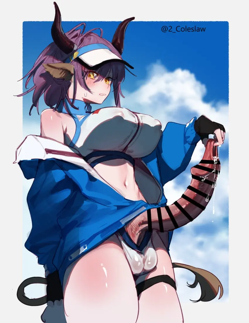 Image big_breasts,breasts,clothed,clothing,cowboy_shot,highres,large_breasts,light_skin,long_sleeves,mostly_clothed,solo,standing,animal_ears,black_gloves,gloves,navel,penis,tail,yellow_eyes,1futa,erection,futanari,humanoid,humanoid_penis,intersex,light-skinned_futa,arknights,horns,sky,covered_nipples,balls,huge_cock,kemonomimi,testicles,futa_only,censored,purple_hair,smooth_penis,hair_between_eyes,masturbation,precum,bar_censor,jacket,foreskin,uncircumcised,uncut,fingerless_gloves,thigh_strap,cow_girl,blue_sky,huge_nipples,crop_top,ballsack,scrotum,cow_ears,cow_horns,foreskin_play,foreskin_pull,cow_tail,visor_cap,covered_balls,anime_nose,long_foreskin,unretracted_foreskin,blue_jacket,sideroca_(arknights),sideroca_(light_breeze)_(arknights),mirin_chikuwa