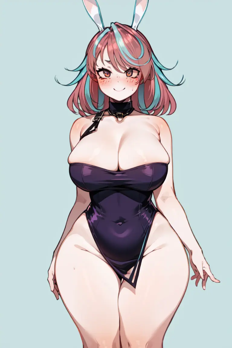 Image breasts,female,smile,multicolored_hair,wide_hips,virtual_youtuber,ai_generated,huge_breasts,vtuber,bunnysuit,ricochetk,emikukis