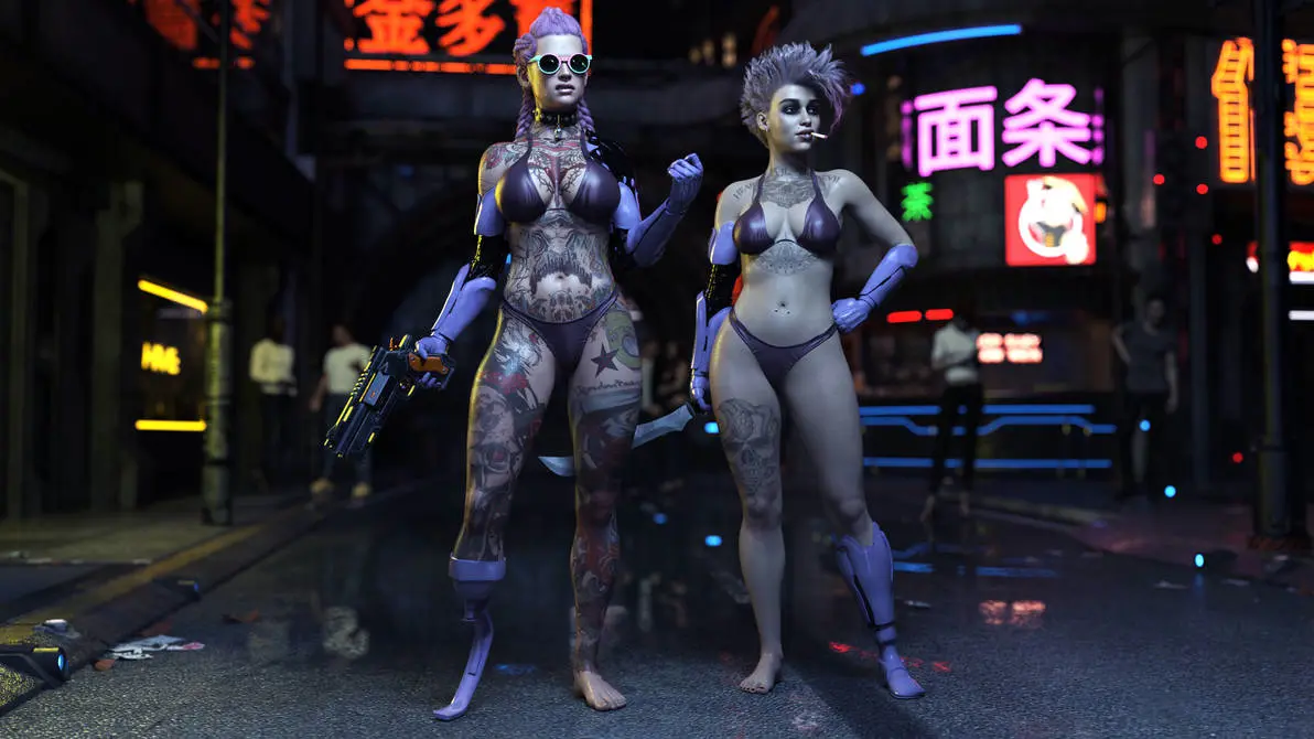 Image clothing,female,grey_hair,human,2girls,bikini,tattoo,pink_hair,original,pale_skin,3d,black_bikini,weapon,sunglasses,tinted_eyewear,gun,prosthetic,prosthetic_limb,handgun,firearm,revolver,robotic_arms,ironclawroo